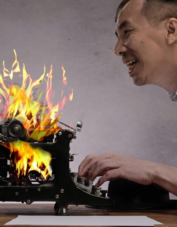 Editor with an old typewriter working on a hot story